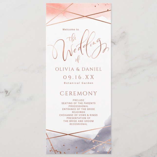 Rose Gold Watercolor Geometric Wedding Program Menu (Front)