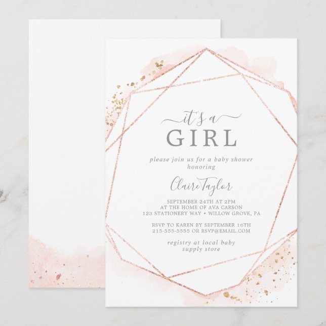 Rose Gold Watercolor It's A Girl Baby Shower Invitation (Front/Back)