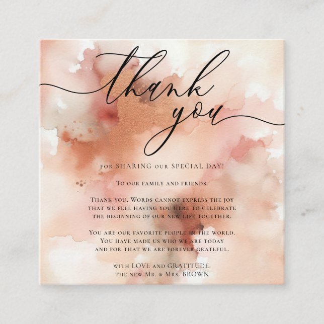 Rose Gold Watercolor Pink Wedding Thank you Enclosure Card (Front)
