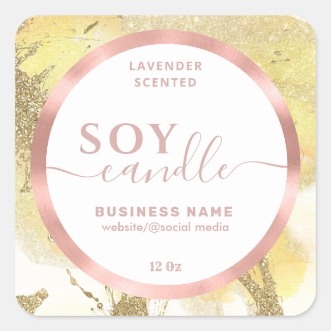 Rose gold watercolor script soy candle label (Front)