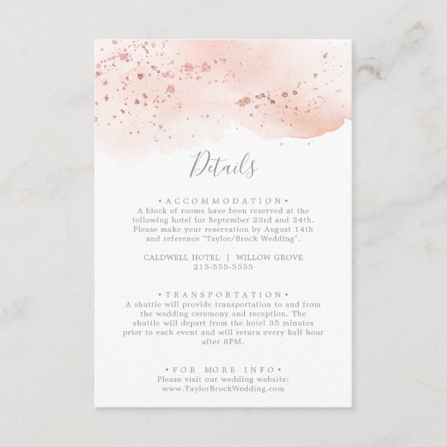Rose Gold Watercolor Wedding Detail Enclosure Card (Front)