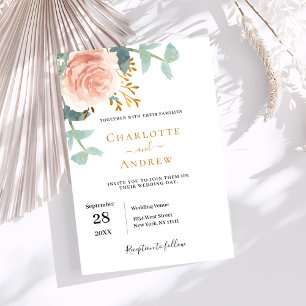 Rose gold watercolored floral greenery wedding invitation