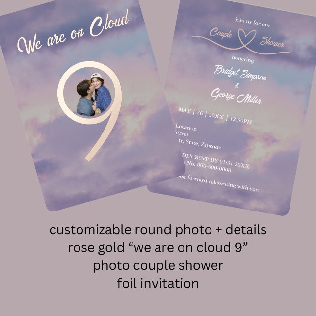 rose gold we are on cloud 9 photo couple shower (customizable round photo + details rose gold “we are on cloud 9” photo couple shower foil invitation)