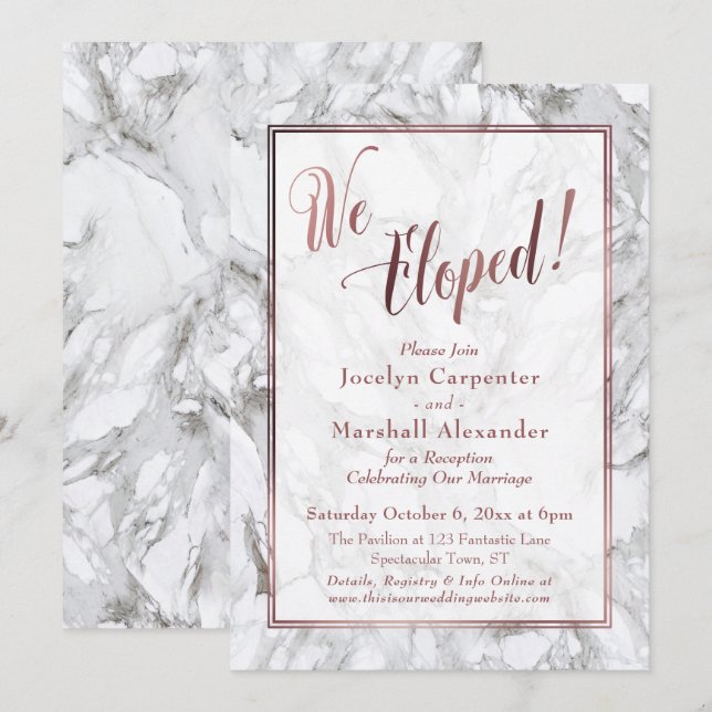 Rose Gold  We Eloped Script Marble Reception-Only Invitation (Front/Back)