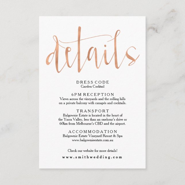 Rose Gold Wedding Details Info Card (Front)