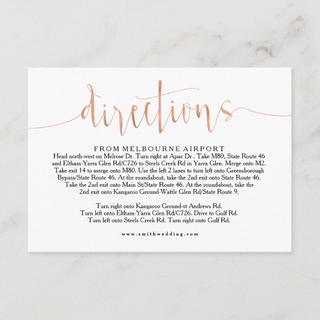 Rose Gold Wedding Directions Info Card (Front)