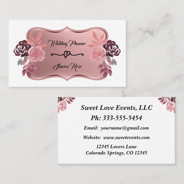 Rose Gold Wedding Event Planner Business Card (Front/Back)
