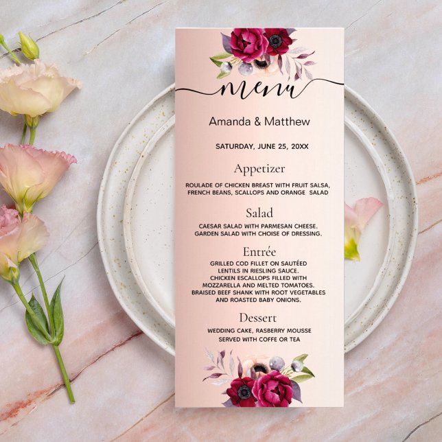 Rose gold wedding menu burgundy florals elegant (Creator Uploaded)
