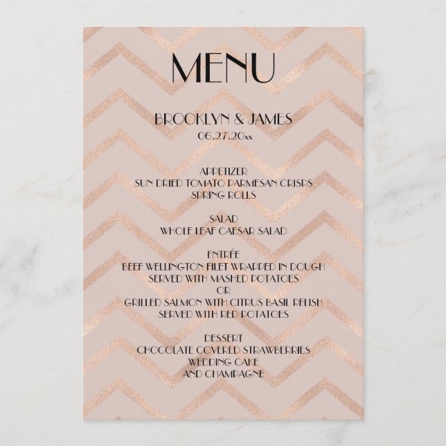 Rose Gold Wedding Menu Chevron Cards (Front)