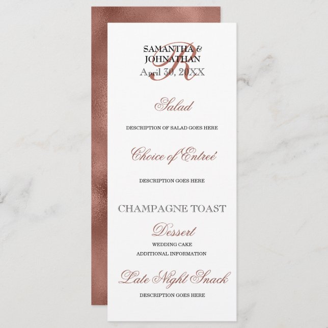 Rose gold wedding menu DIY elegant dinner  Invitation (Front/Back)