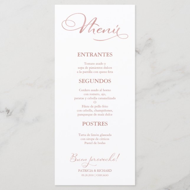 Rose Gold Wedding Menu Spanish Wording (Front)