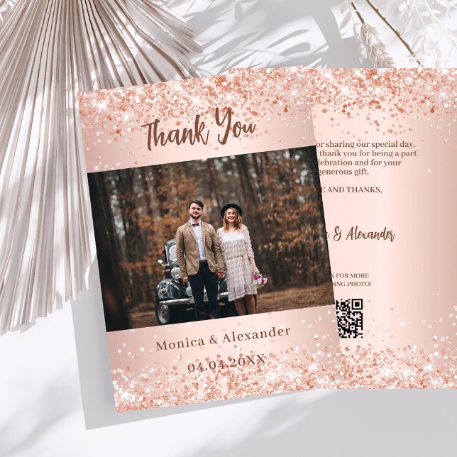 Rose gold wedding photo QR code thank you card (Creator Uploaded)