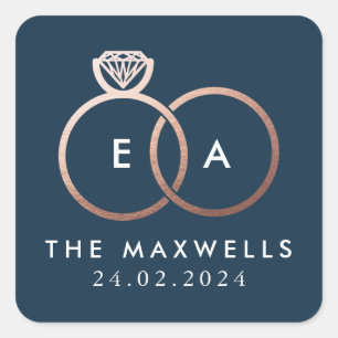 Rose Gold Wedding Ring Monogram Name Date Navy Square Sticker
