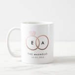 Rose Gold Wedding Ring Monogram with Date Coffee Mug<br><div class="desc">A modern monogram gets glam with intertwined rose gold wedding rings with easy to personalise text for your initials,  married name and wedding date on this classic white mug making it a fun house warming or an anniversary gift for the newlyweds.</div>