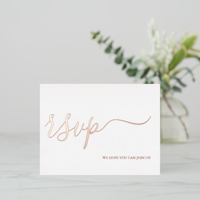 Rose Gold Wedding RSVP Reply Simple Calligraphy Foil Invitation Postcard (Standing Front)