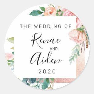 Rose gold wedding sticker, pink floral favour classic round sticker