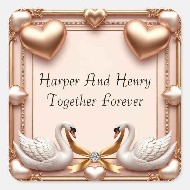 Rose Gold Wedding Swans With Rings Square Sticker (Front)