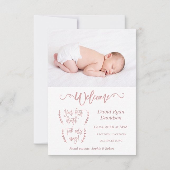 Rose Gold Welcome Photo Baby Birth Announcement (Front)