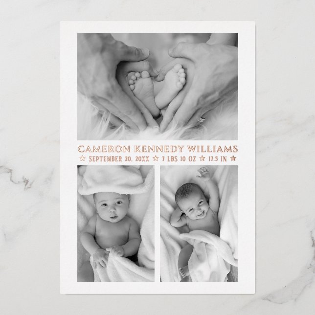 Rose Gold White 3 Photo Hello Baby Newborn Birth (Front)