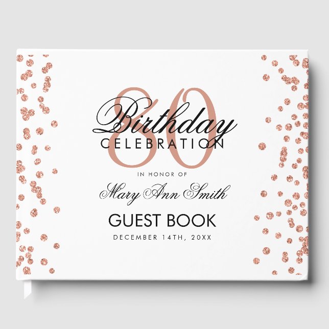 Rose Gold White 80th Birthday Glitter Confetti Guest Book (Front)