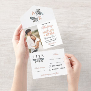 Rose Gold White Floral Monogram Photos Wedding All In One Invitation