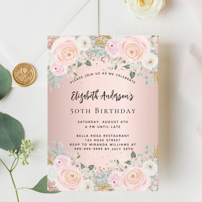 Rose gold white florals birthday invitation (Creator Uploaded)