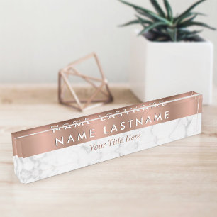Rose Gold White Grey Marble Elegant Modern Nameplate