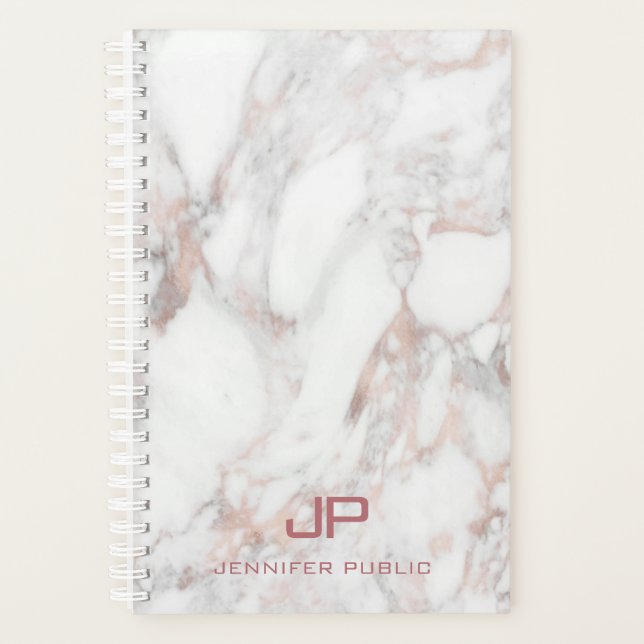 Rose Gold White Marble Elegant Modern Monogram Planner (Front)