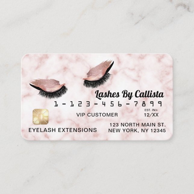 Rose Gold White Marble Glitter Lashes Credit Business Card (Front)