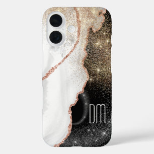 Rose Gold White Marble Glitter Monogram iPhone 16 Case