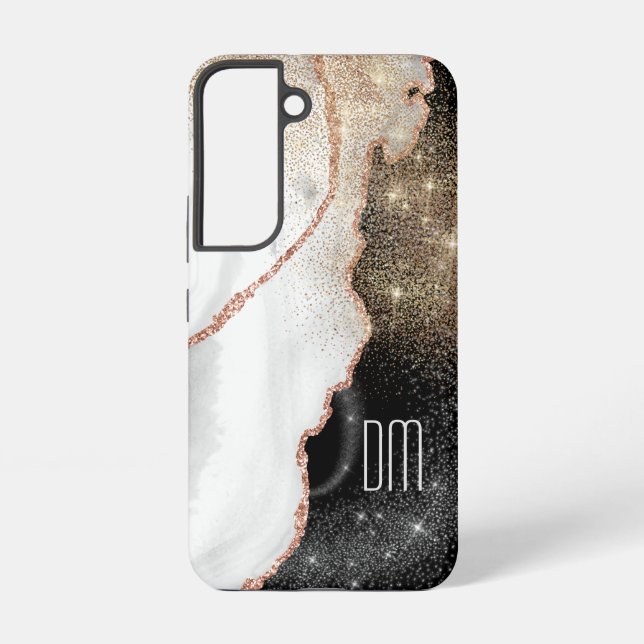 Rose Gold White Marble Glitter Monogram Samsung Galaxy S22 Case (Back)
