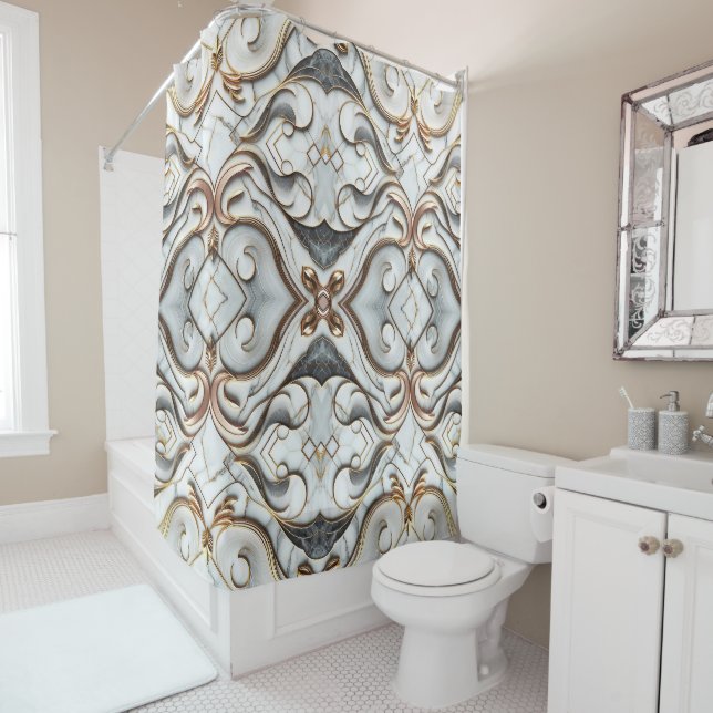 Rose Gold White Marble Luxurious Glam Shower Curtain (In Situ)