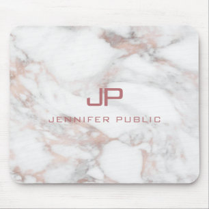 Rose Gold White Marble Modern Monogram Template Mouse Pad