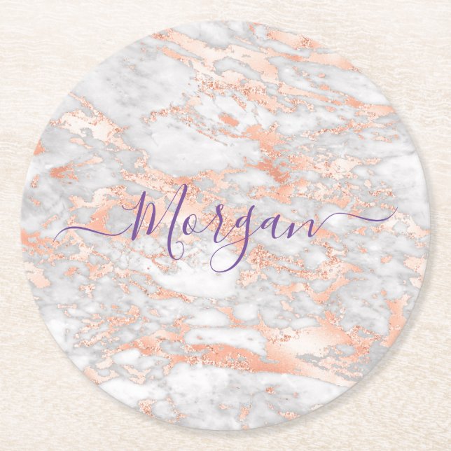 Rose Gold & White Marble, Purple Script Name Round Paper Coaster (Front)