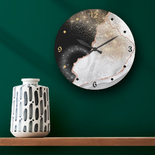 Rose Gold White Marble Stardust Large Clock