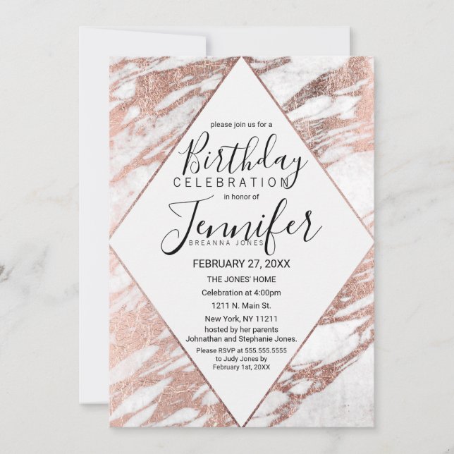 Rose Gold White Modern Marble Birthday Invitation (Front)