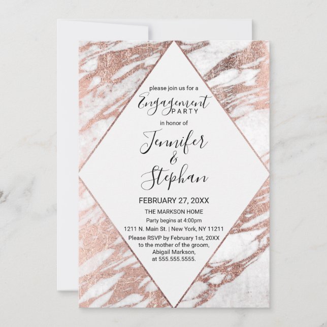 Rose Gold White Modern Marble Engagement Invitation (Front)