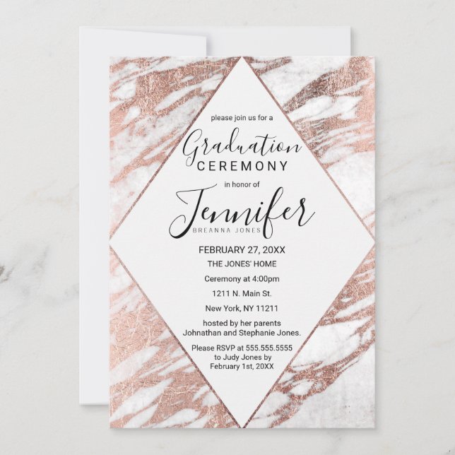 Rose Gold White Modern Marble Graduation Invitation (Front)
