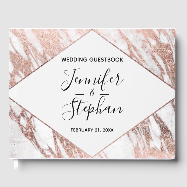 Rose Gold White Modern Marble Wedding Guest Book (Front)