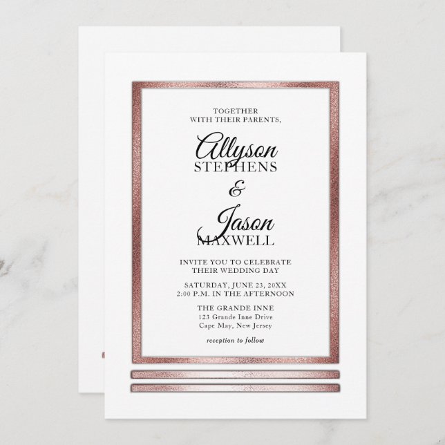 Rose Gold | White Modern Simple Elegant Wedding Invitation (Front/Back)
