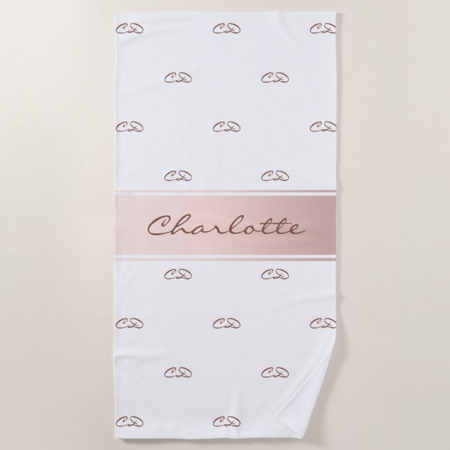 Rose gold white monogram modern elegant name beach towel (Front)
