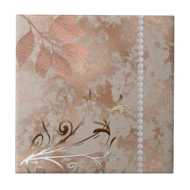 Rose Gold, White Pearls, Floral Square  Tile (Front)