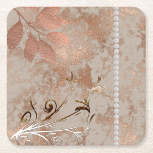 Rose Gold, White Pearls, Floral Square Tile Bever Paper Coaster