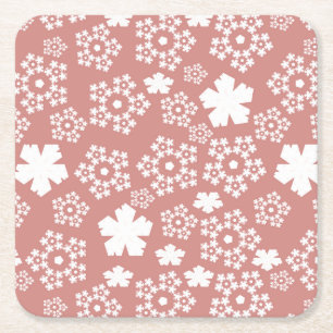 Rose Gold & White Star & Snowflake Pattern Square Paper Coaster