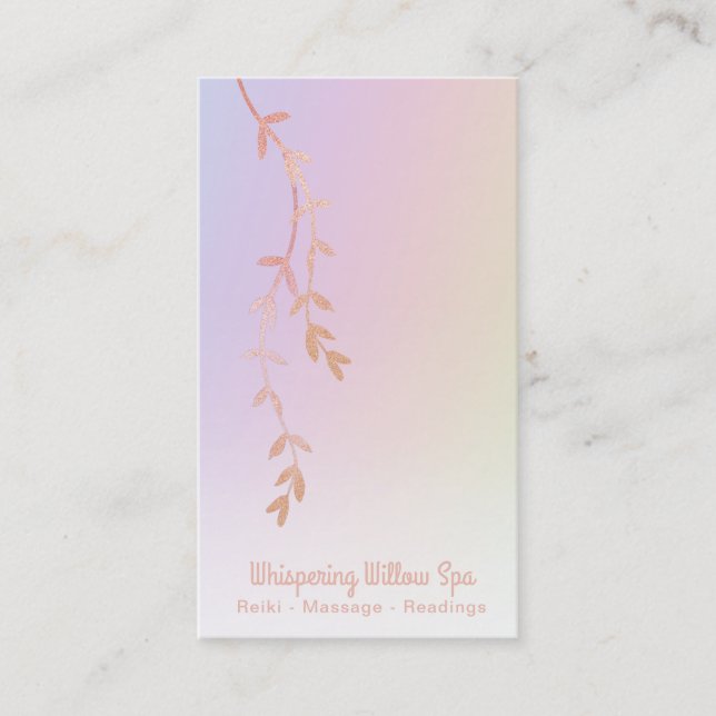 *~* Rose Gold Willow Tree Branch Leaves Rainbow Business Card (Front)