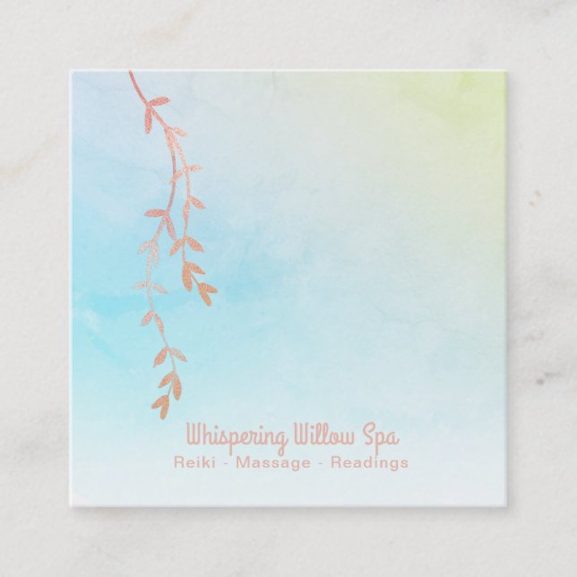*~* Rose Gold Willow Tree Branch Rainbow Pastel Square Business Card (Front)