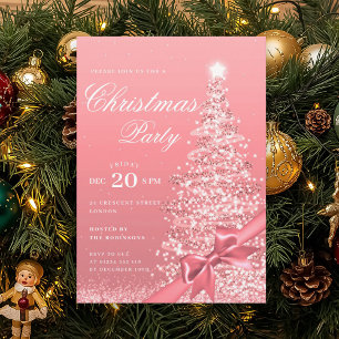 Rose Gold Winter Christmas Tree Bow Holiday Invitation