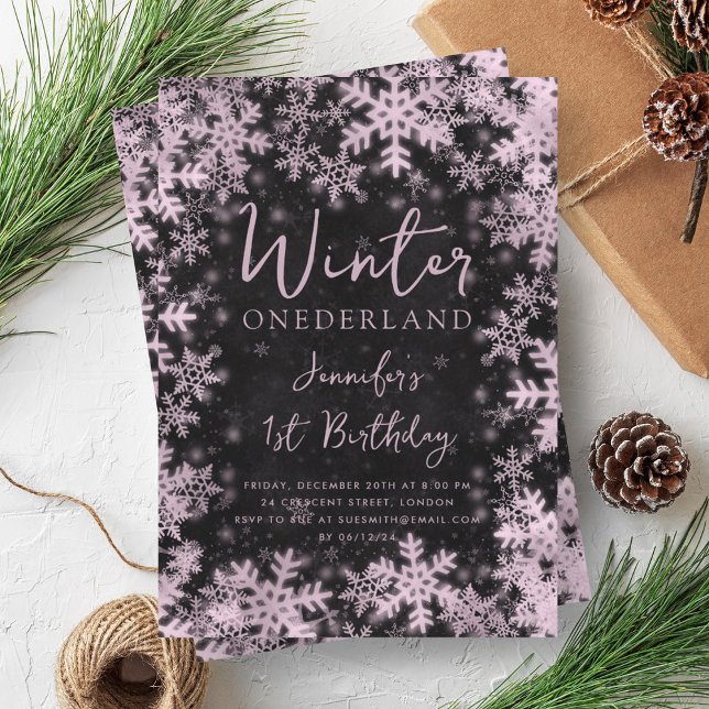 Rose Gold Winter ONEDERLAND 1st Birthday Black Invitation (Rose Gold Winter ONEDERLAND 1st Birthday Black Invitation)