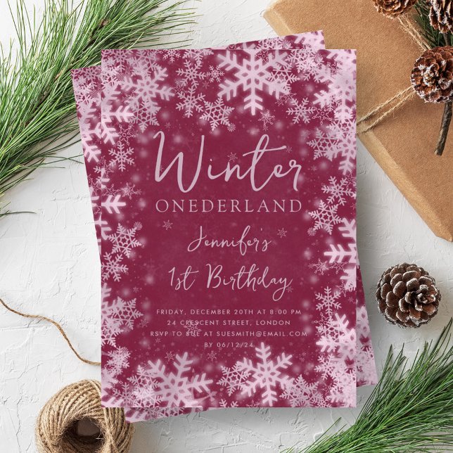 Rose Gold Winter ONEDERLAND 1st Birthday Magenta Invitation (Rose Gold Winter ONEDERLAND 1st Birthday Magenta Invitation)