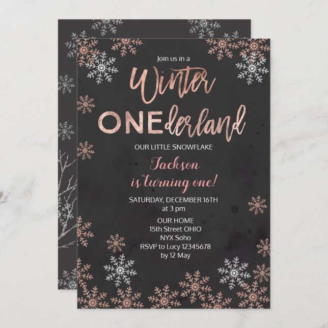 Rose Gold Winter Onederland First Birthday Invite (Front/Back)
